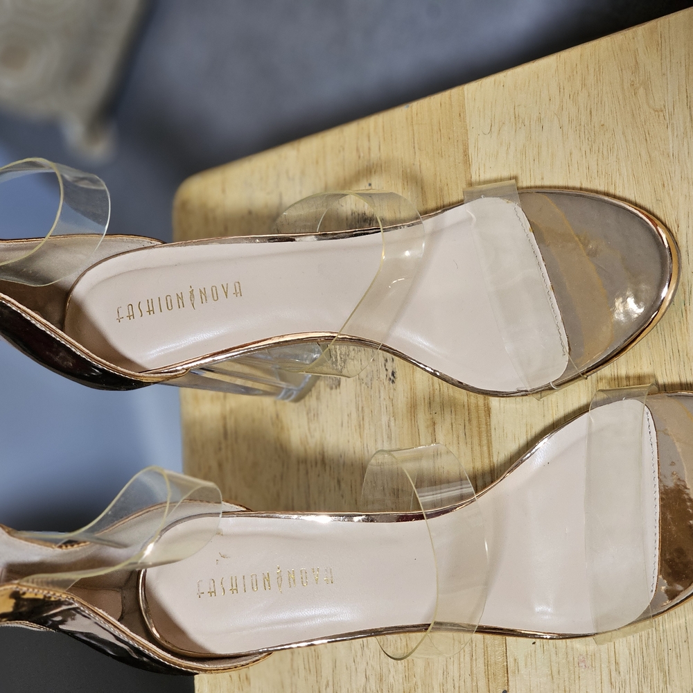 Fashion Nova Metallic Gold Heels with Clear Straps